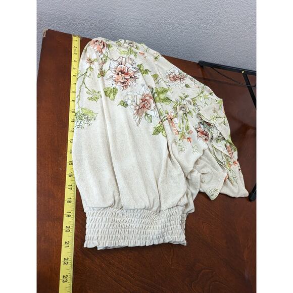 Susan Graver Floral Blouse S Cream Loose Fit Batwing Top Crew Elastic Hem Office - Picture 7 of 8